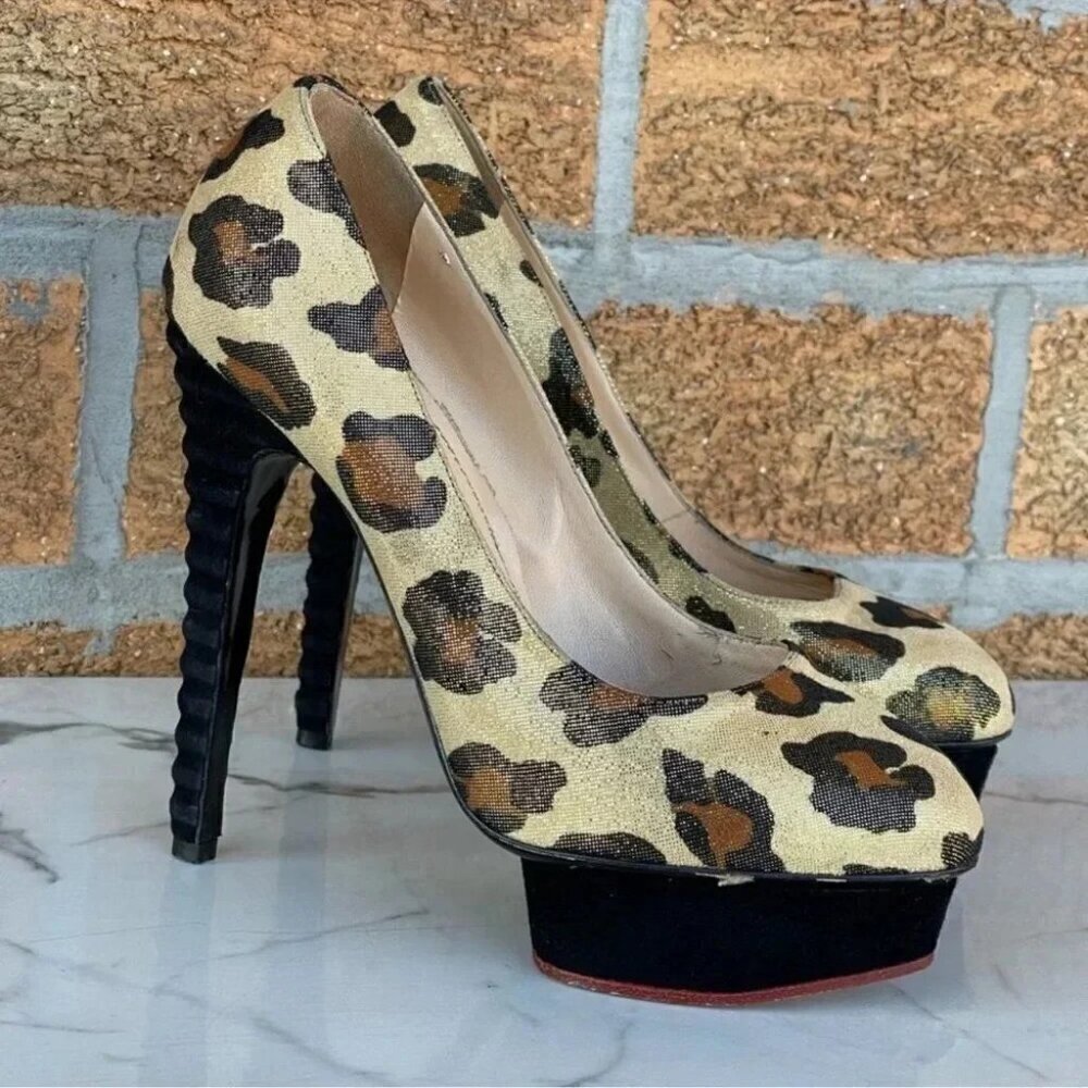 Charlotte Olympia Dolly Leopard Beige GoldBlack Figure Heel Platform Pump 37.5
